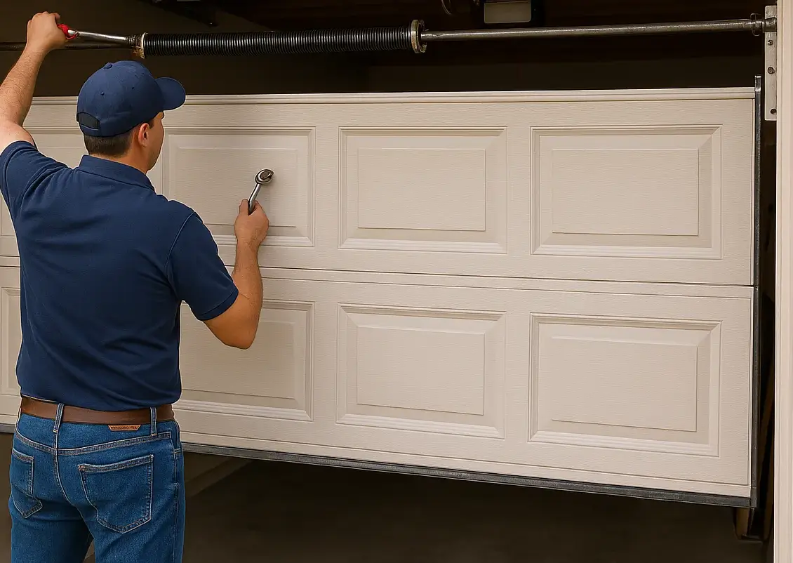 A professional garage door technician adjusting a gargae door reapir