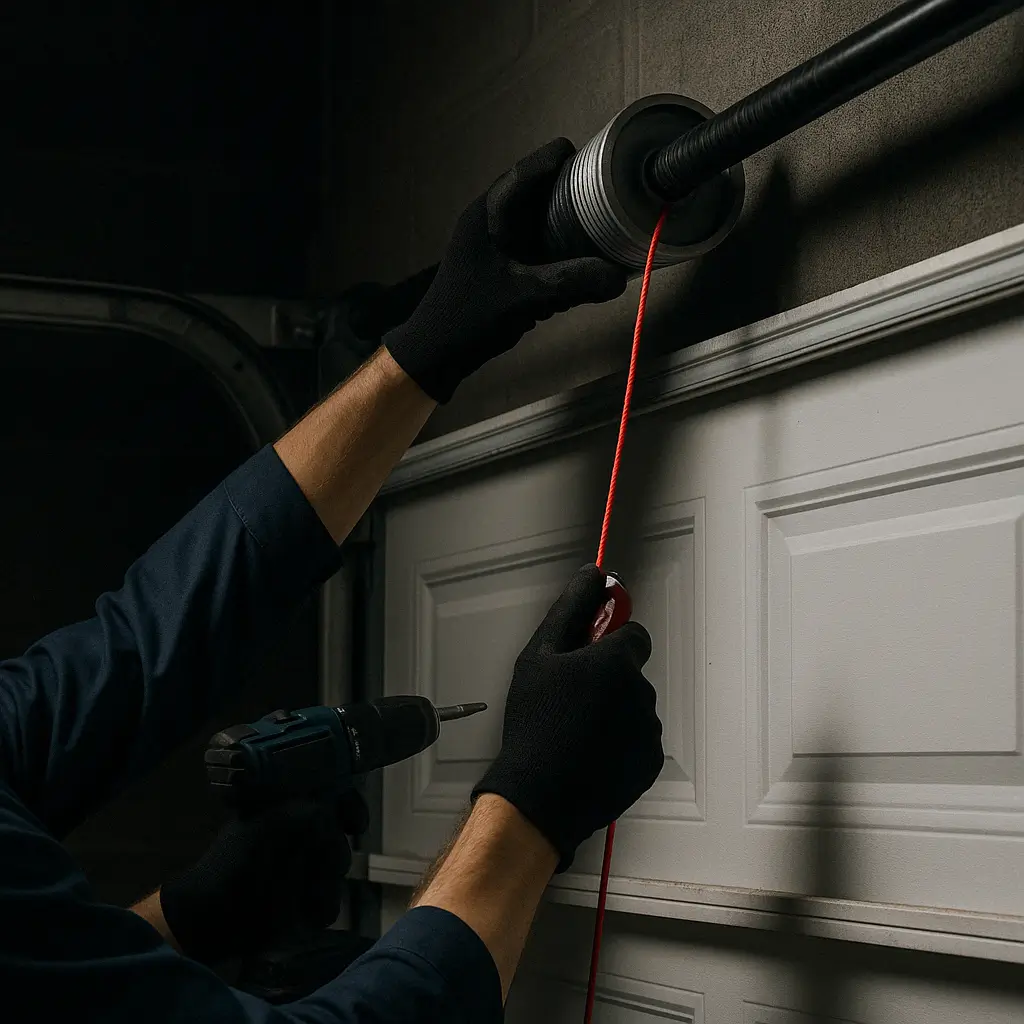 A close-up of a technician wearing black gloves installing a red garage door cable into a metal drum, using a cordless drill to secure the setup on a white sectional garage door under dim lighting.