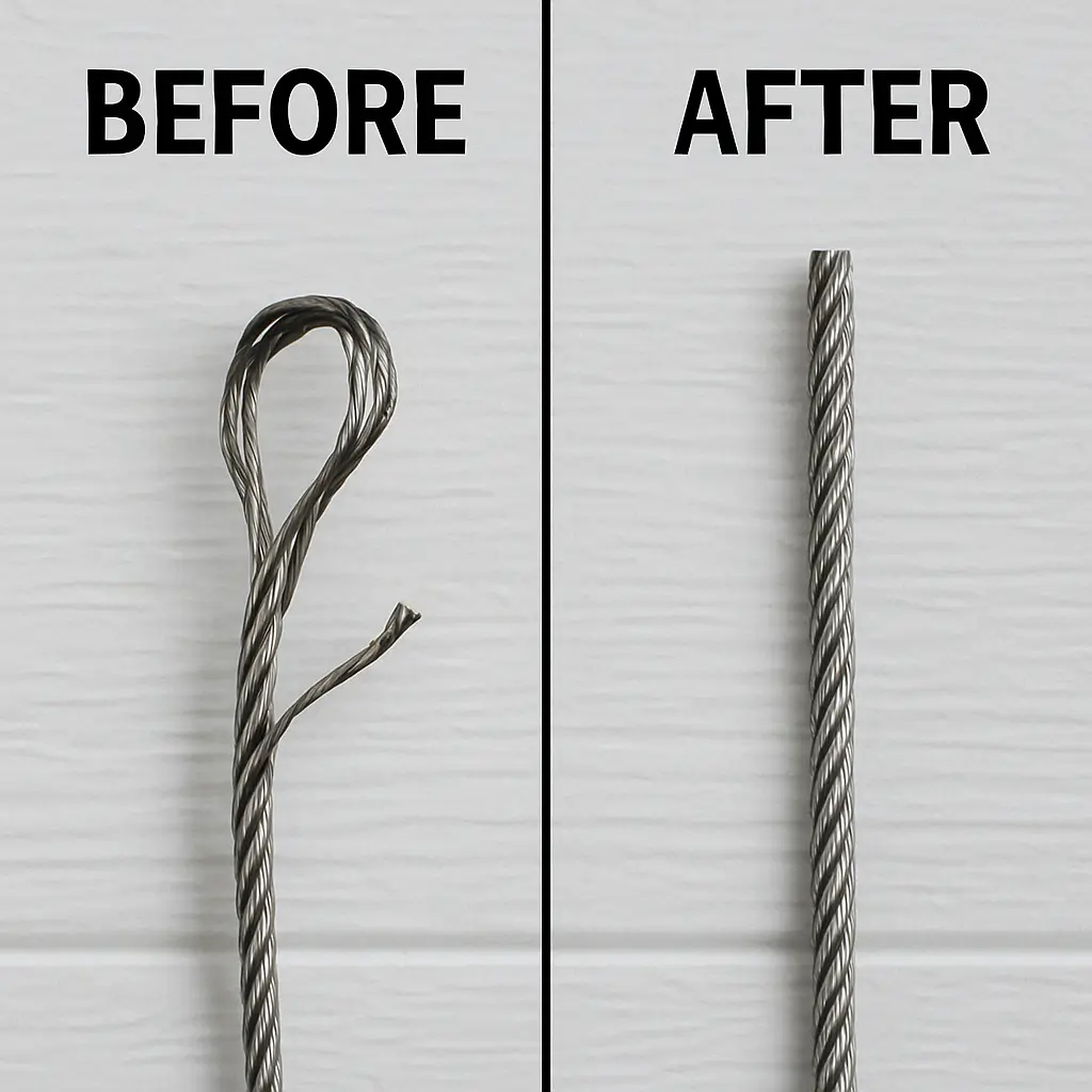 A side-by-side comparison showing a frayed, damaged steel garage door cable on the left and a new, smooth cable on the right, against a light textured background.
