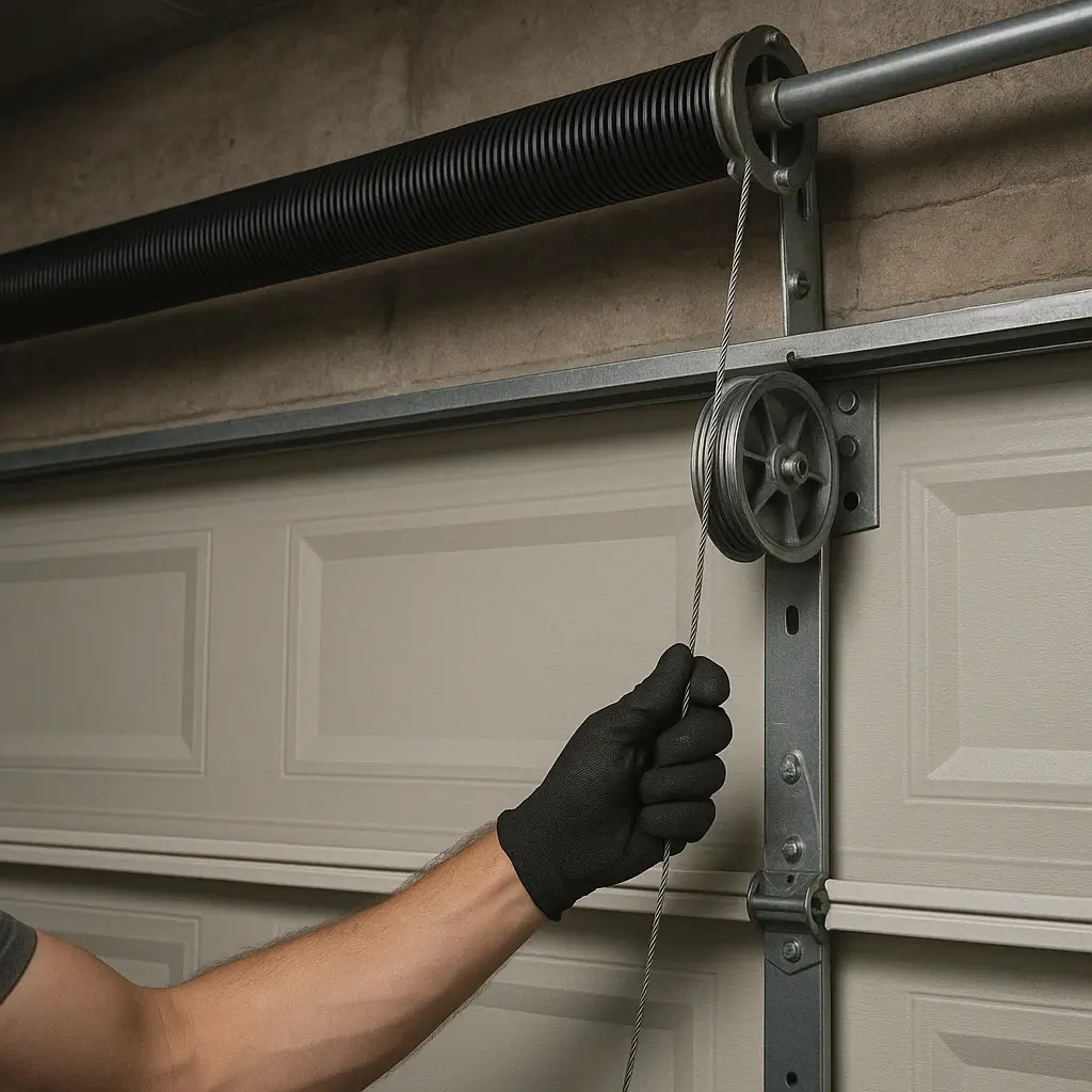 A close-up of a technician’s gloved hand inspecting and adjusting a garage door cable attached to a steel drum and torsion spring on a white sectional garage door.