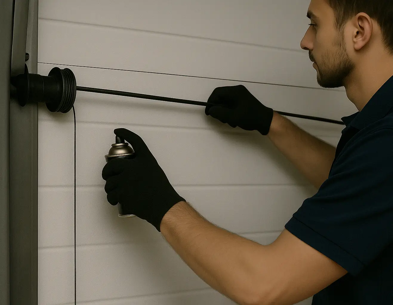 A garage door technician in a navy shirt and black gloves lubricating the steel cable of a white sectional garage door, focusing on the pulley system during routine maintenance.