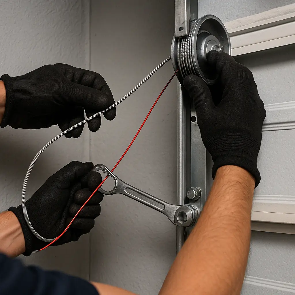  A close-up of a technician’s gloved hands adjusting a steel garage door cable on a metal drum using a silver wrench, ensuring proper alignment and tension against a white panel garage door.