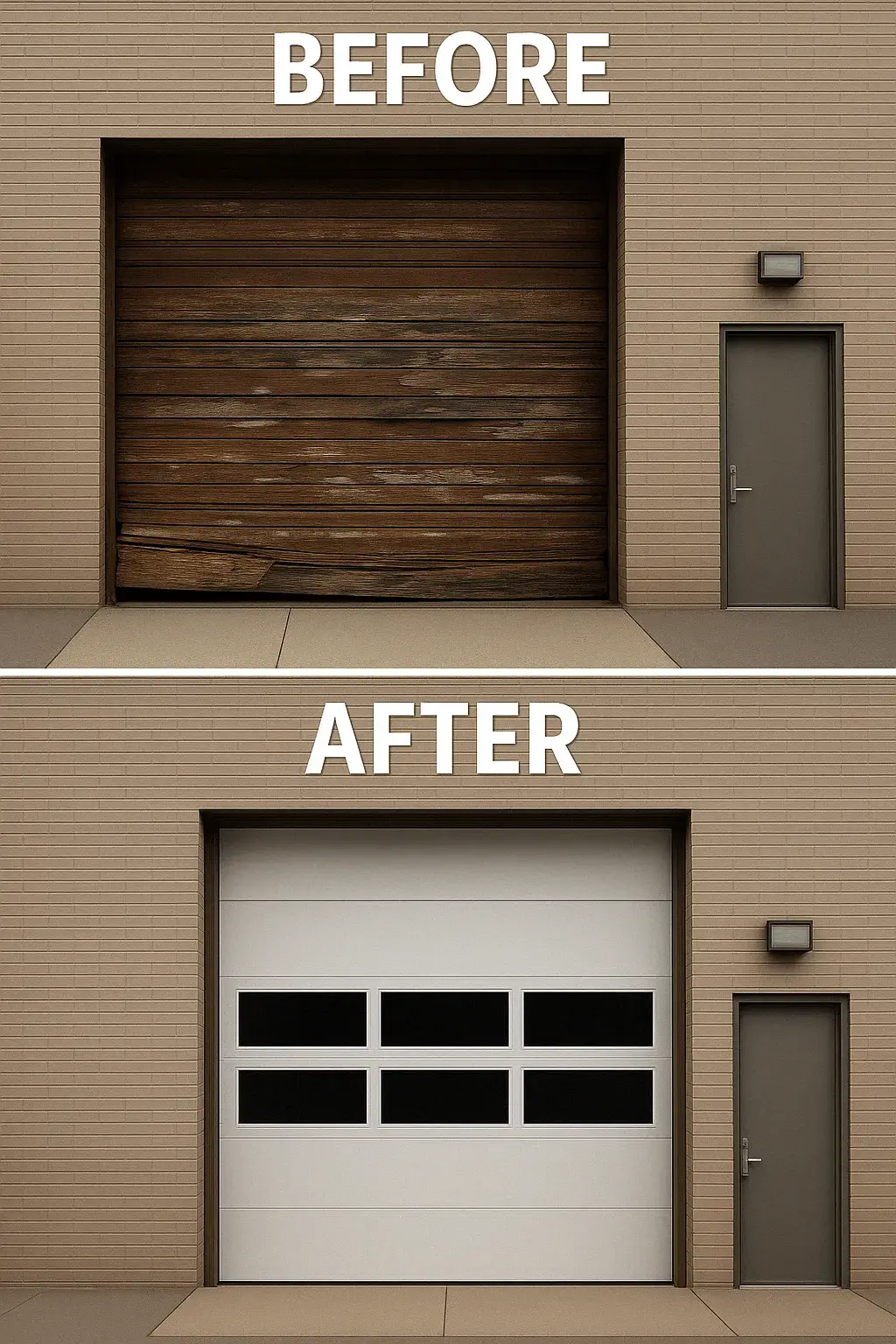 Top image shows damaged wooden commercial garage door labeled BEFORE, bottom image shows modern white garage door with windows labeled AFTER