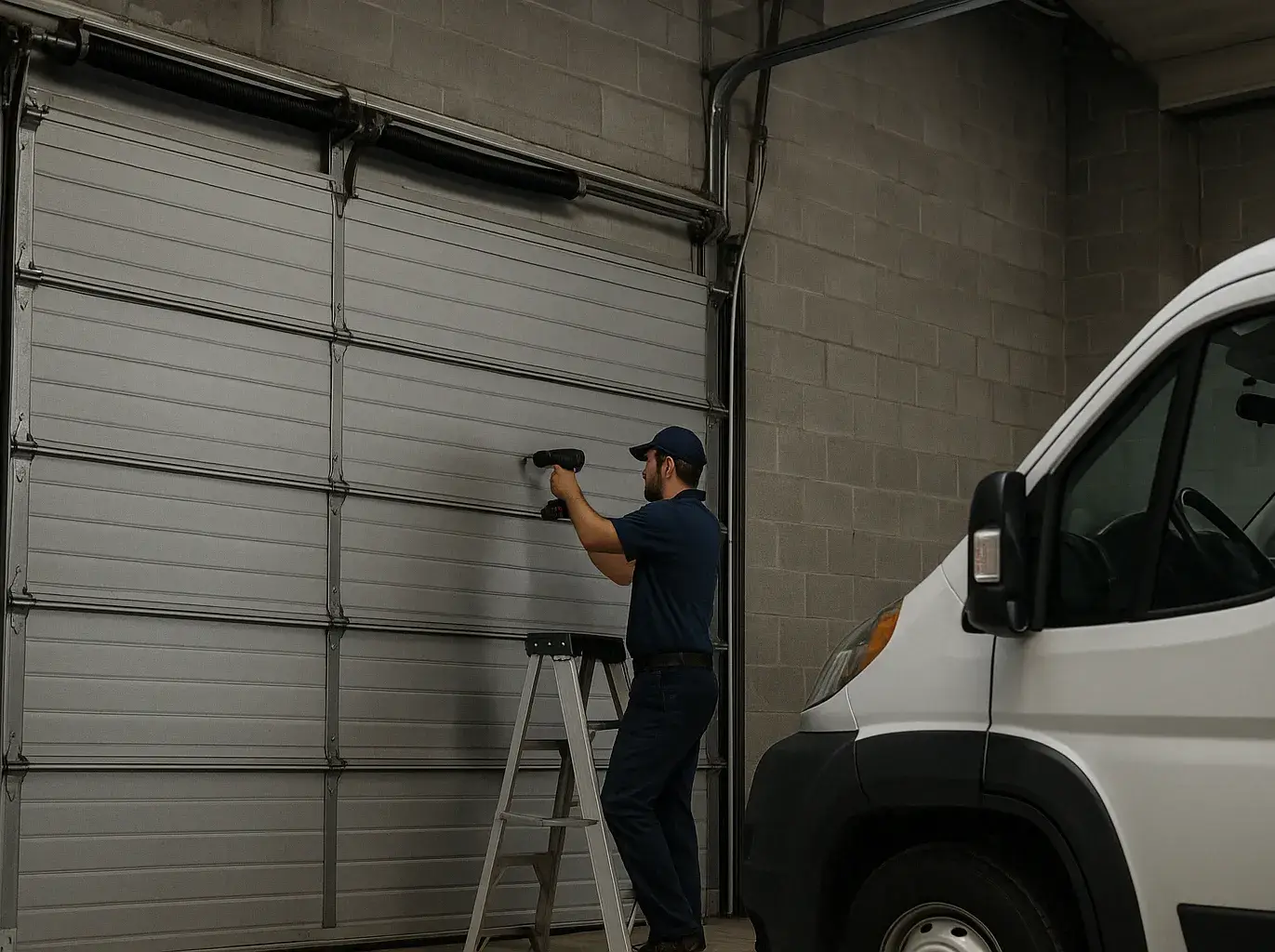 Technician on ladder using a power drill to repair a commercial garage door in a warehouse with a white service van nearby