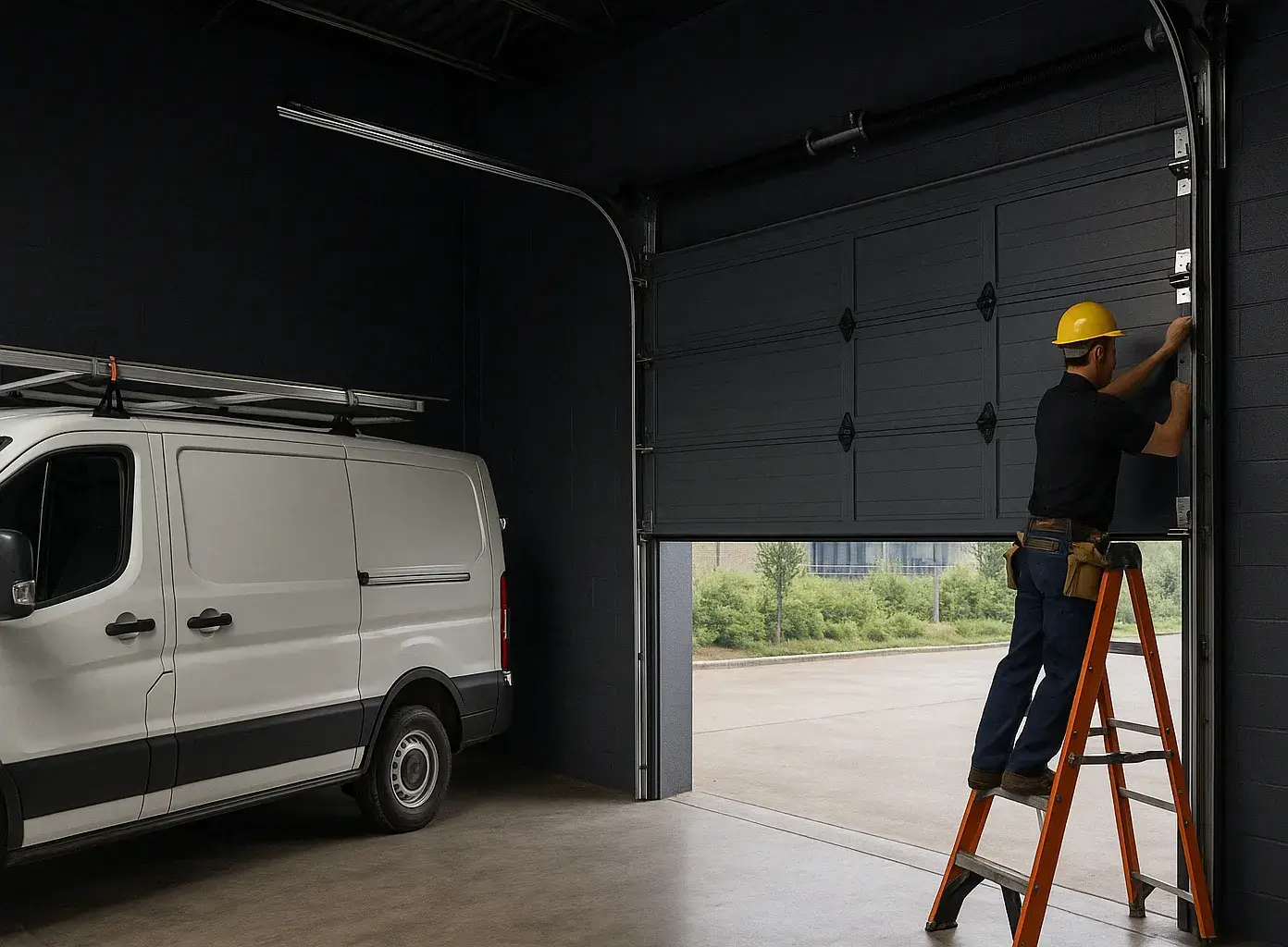 Technician on ladder adjusting a large commercial garage door track inside an industrial building, with a white service van nearby 