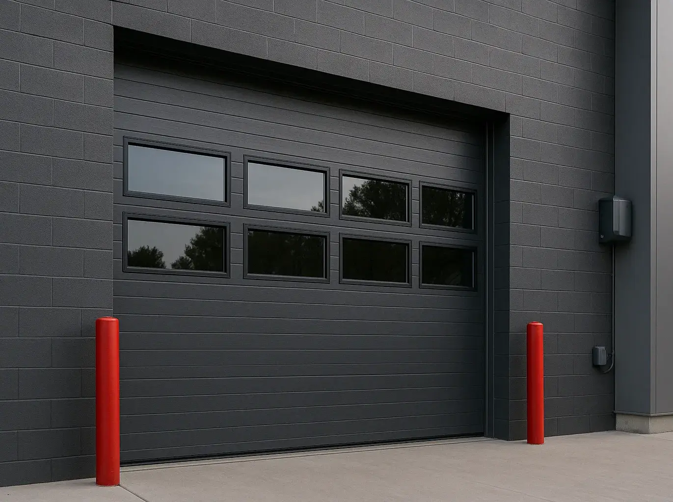 Modern dark gray commercial garage door with large rectangular windows set into a textured wall with red bollards and automatic opener components