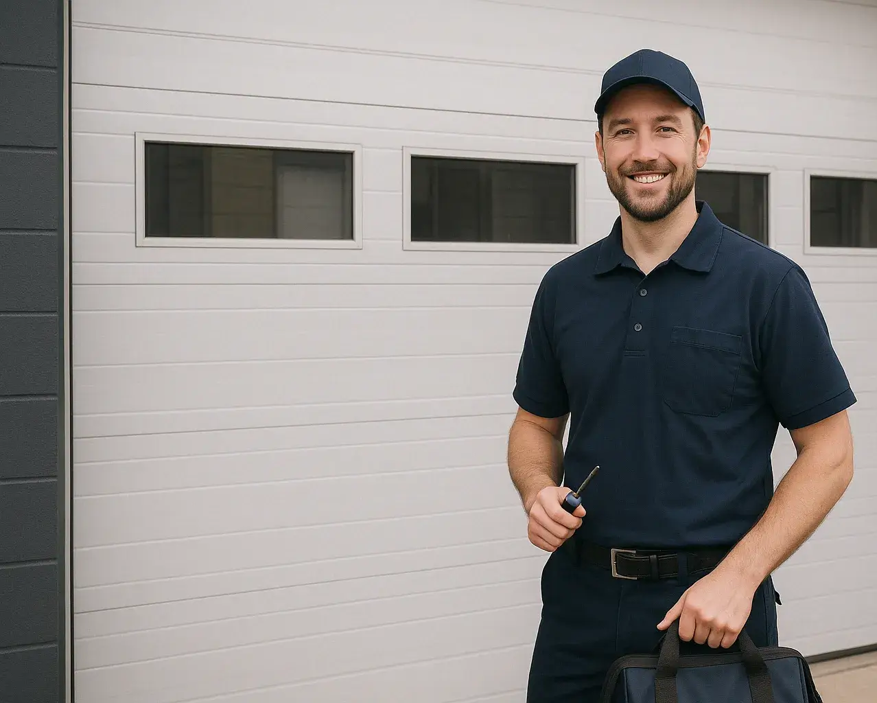 Smiling male garage door technician in navy uniform holding a screwdriver and tool bag in front of a white commercial garage door