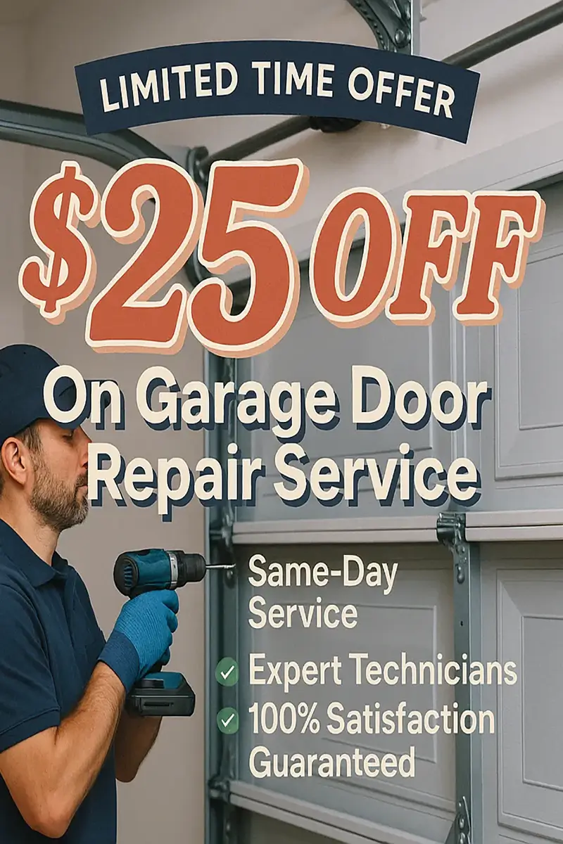 A smiling technician in navy blue holding pliers in front of a white garage door with navy text above offering $25 off garage door repair service