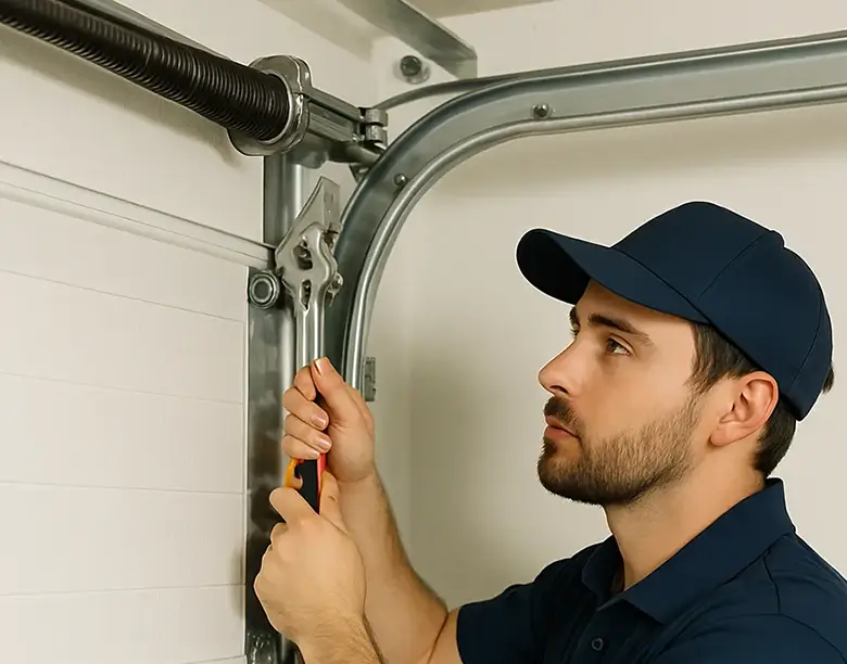 A professional garage door technician adjusting a torsion spring with a wrench on a residential garage door track system.