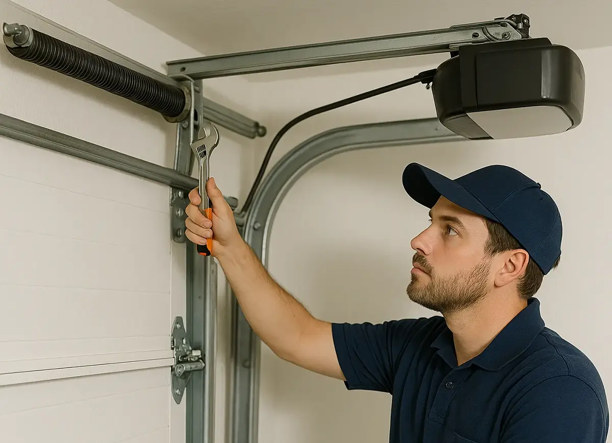 A garage door technician adjusting the spring and motor unit of a residential garage door system with a wrench, focusing on detailed mechanical repair.