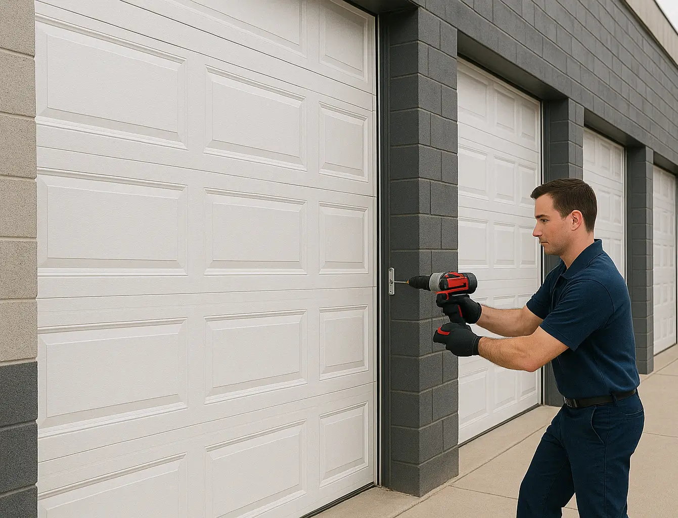 A professional installer in navy uniform mounting a large white commercial garage door on a warehouse building, using a power drill, framed by gray concrete block walls.
