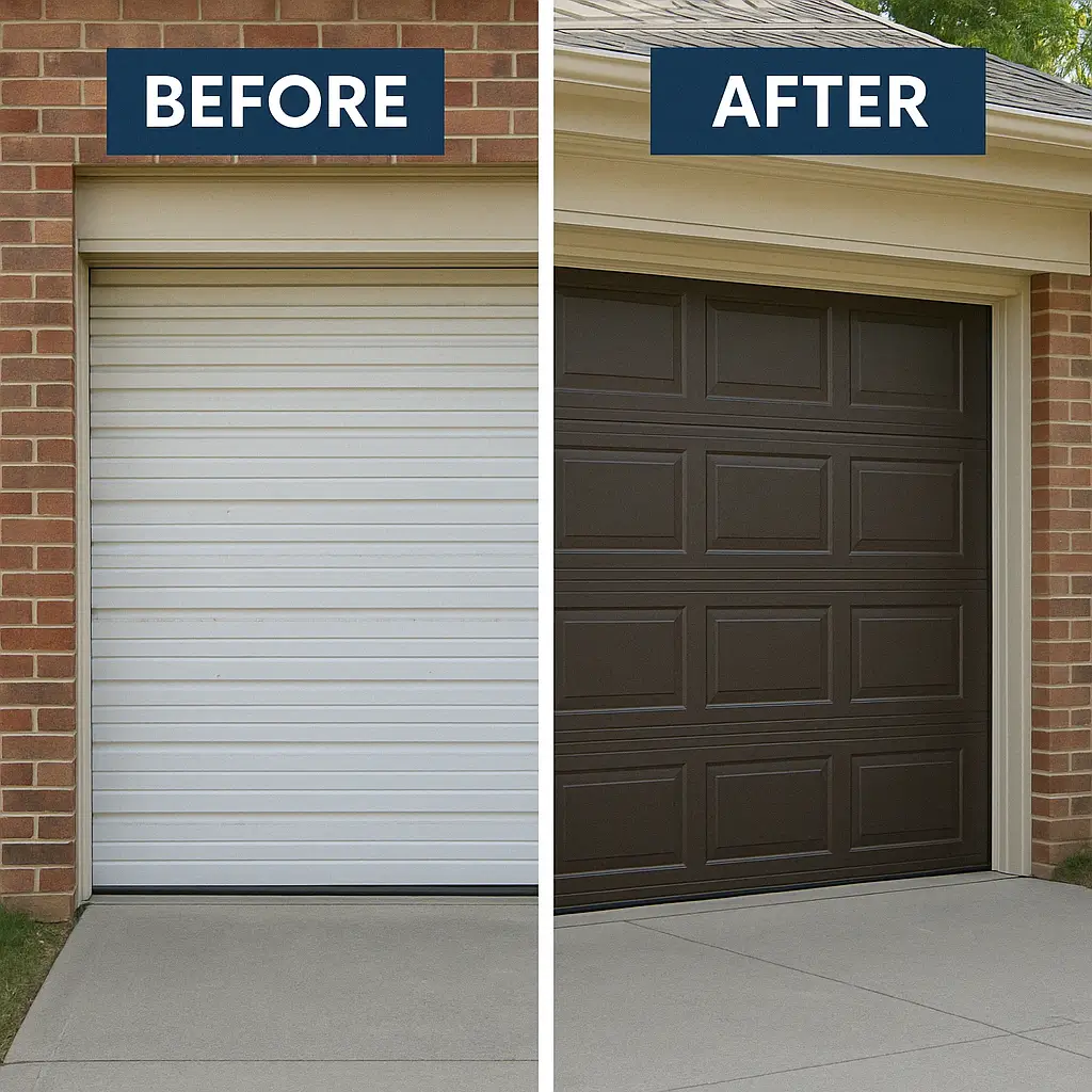 Side-by-side comparison showing an old white metal roll-up garage door before installation and a new dark brown paneled garage door after installation on a brick home..