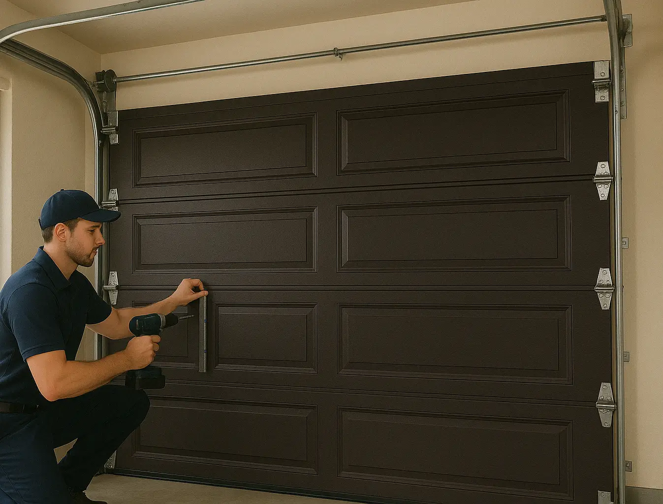 A skilled technician in a navy uniform installing a dark brown sectional garage door from inside a clean residential garage, using a cordless drill while adjusting the handle.