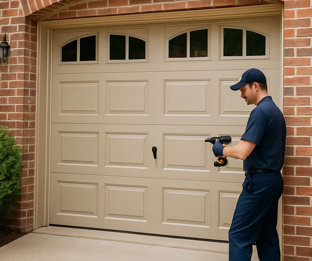 A professional technician in a navy uniform installing a beige sectional garage door with decorative windows on a red brick residential home, using a cordless drill. 