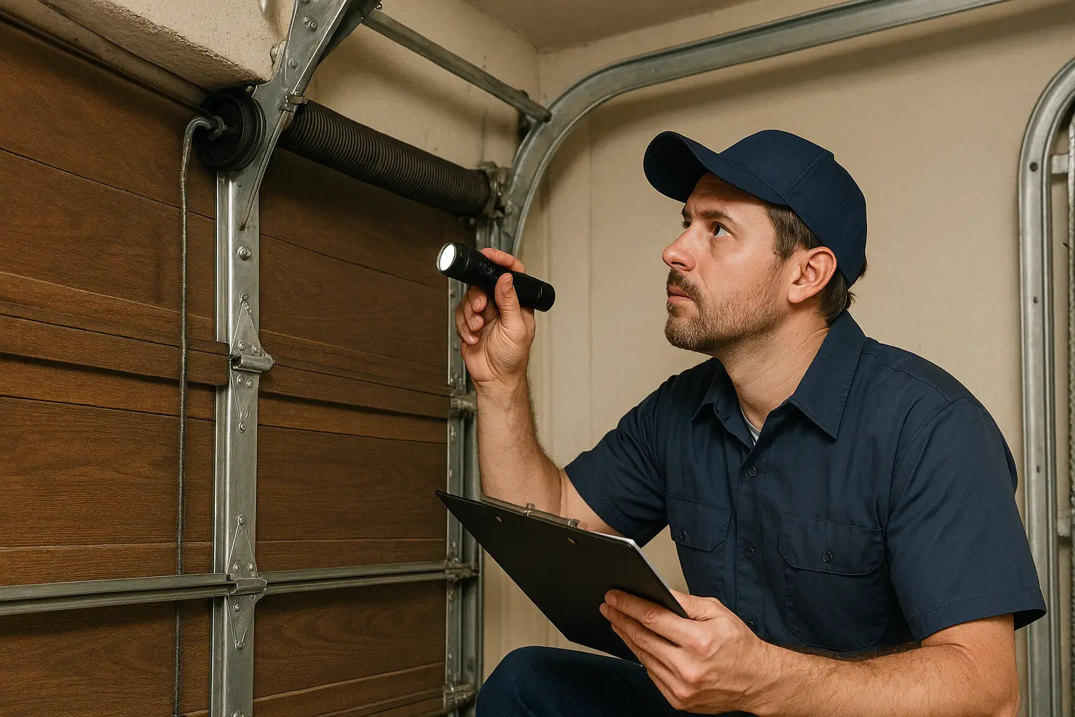 A garage door technician using a flashlight and clipboard to perform a detailed inspection of the torsion spring and metal track system inside a residential garage.