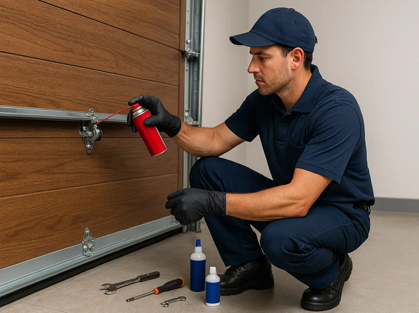 A garage door technician applying lubricant to metal rollers and hinges during a lubrication and noise reduction service inside a residential garage in Sugar Land, TX.