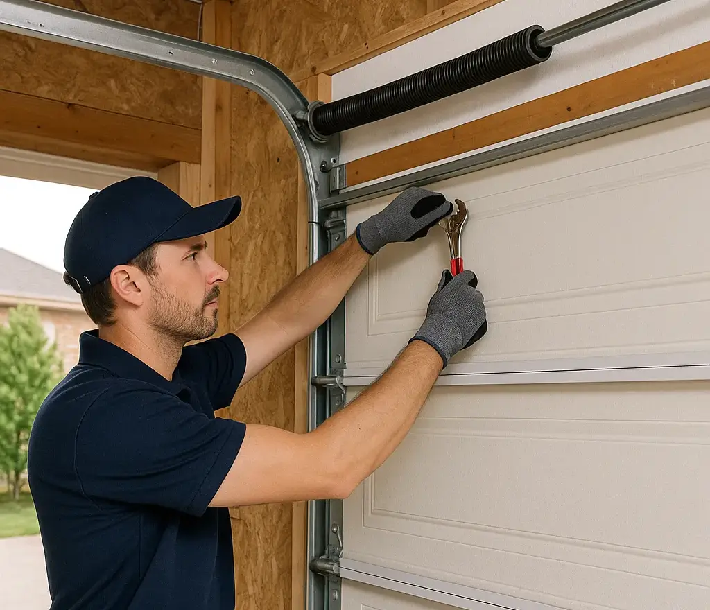 A garage door technician adjusting the metal track of a white residential garage door using a wrench, with the torsion spring system visible above in a home garage.
