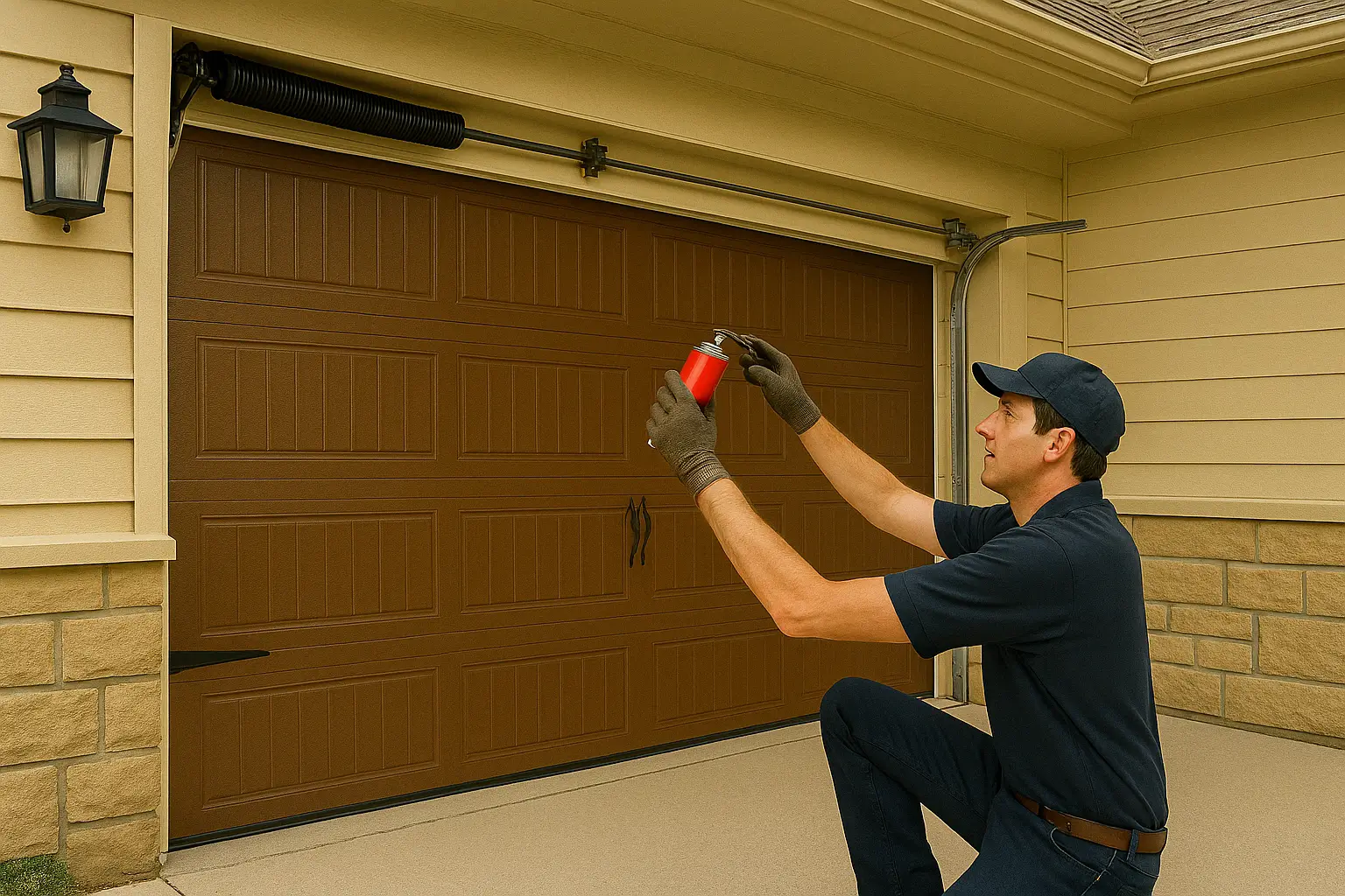 A professional garage door technician lubricating the torsion spring system of a wooden residential garage door during a maintenance service in Sugar Land, TX.