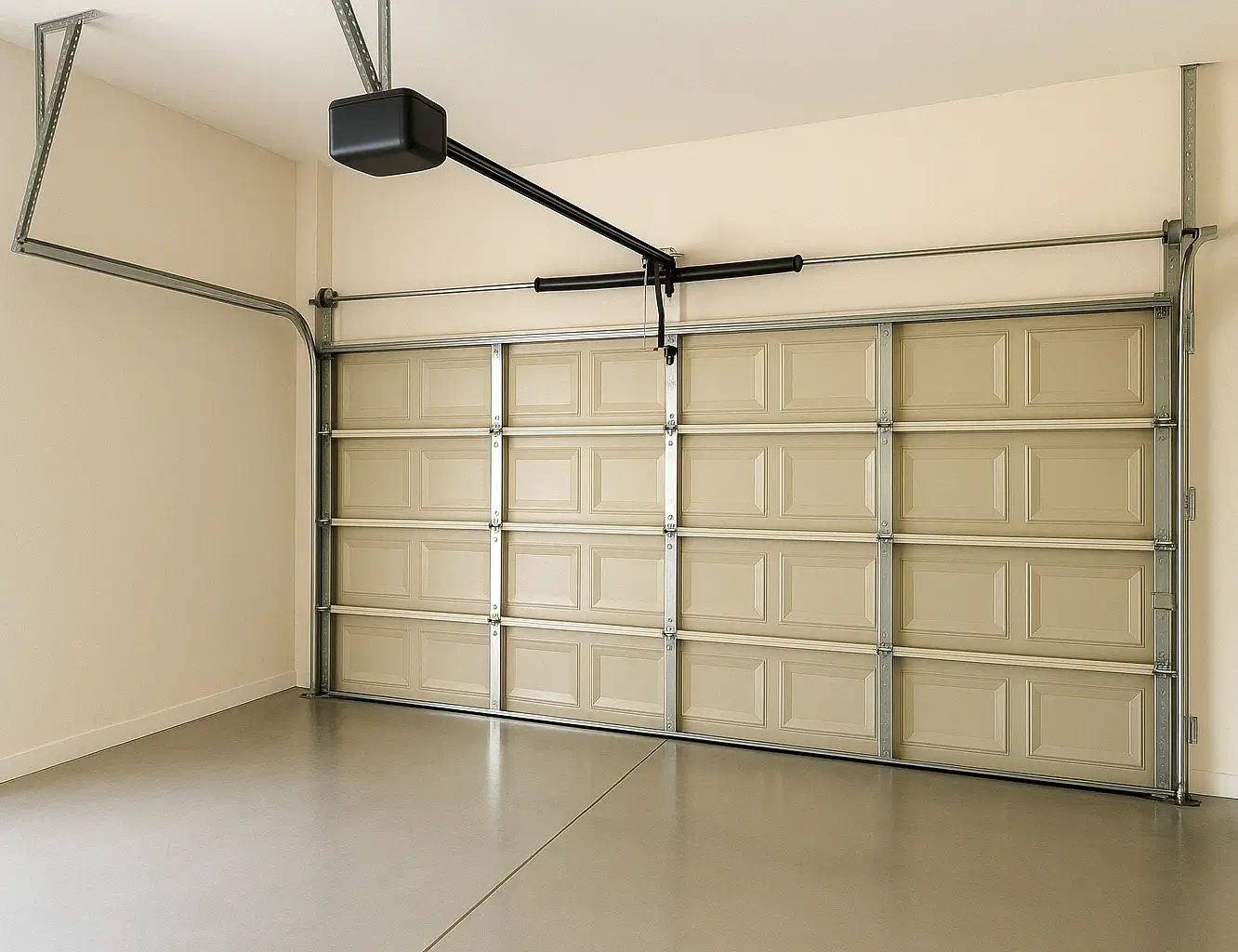 Modern residential garage with a custom high-lift garage door system installed, shown with white panels, smart opener track, and clean driveway 