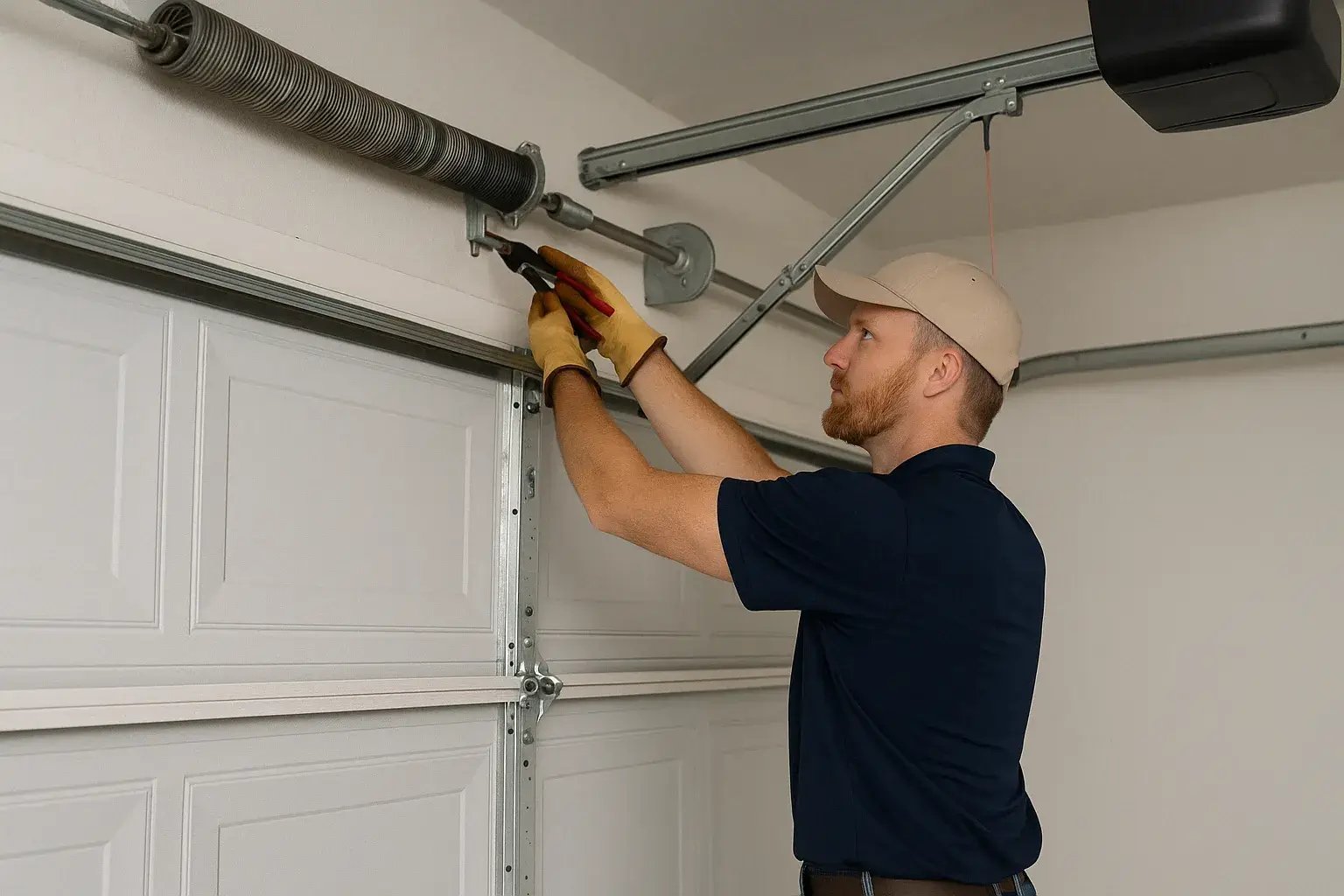 Technician in navy shirt and beige cap using pliers to adjust a garage door spring inside a residential garage with white walls and a clean setup 