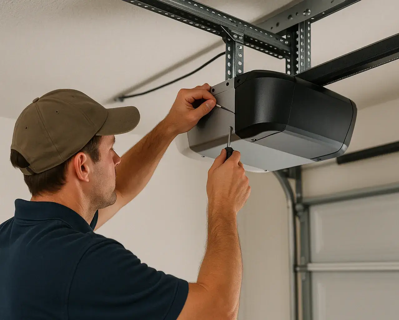 Technician in navy polo and beige cap using tools to install a sleek black garage door opener inside a clean residential garage