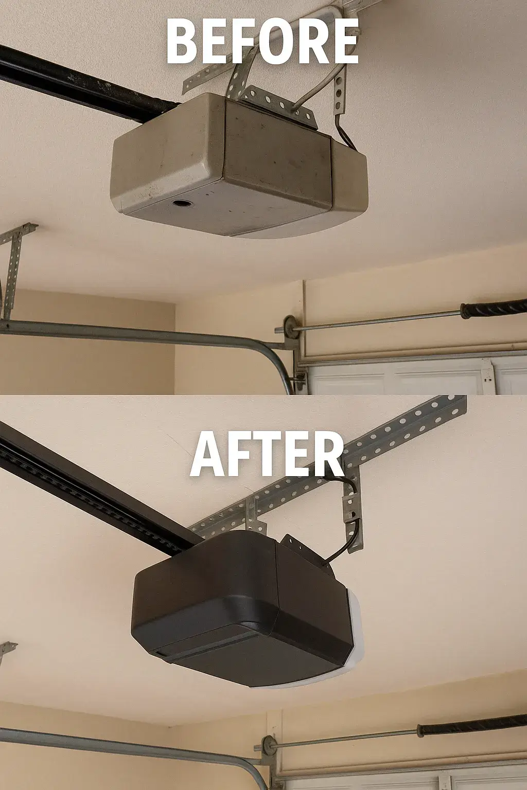 Top image shows an old, worn-out garage door opener labeled BEFORE, while the bottom shows a sleek, modern black opener labeled AFTER