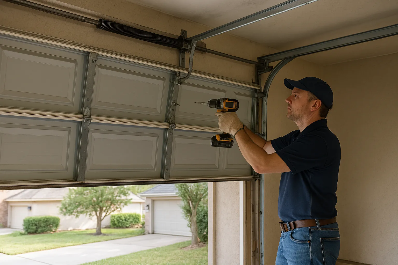 A garage door technician using a cordless drill to fix a partially open white garage door from inside a residential garage, with a suburban neighborhood visible outside.
