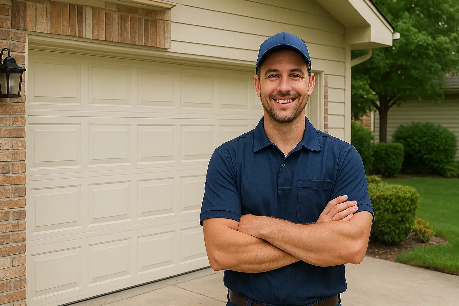 Smiling garage door technician in navy uniform standing with arms crossed in front of a white garage door at a suburban home in Sugar land TX