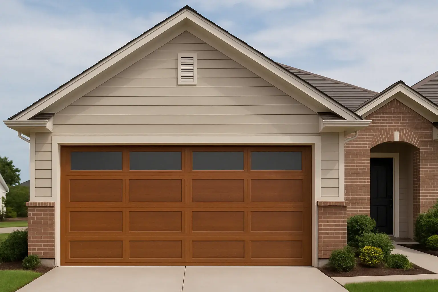 Modern wooden garage door installed on a brick suburban home with cream siding and a clean driveway in Sugar land TX