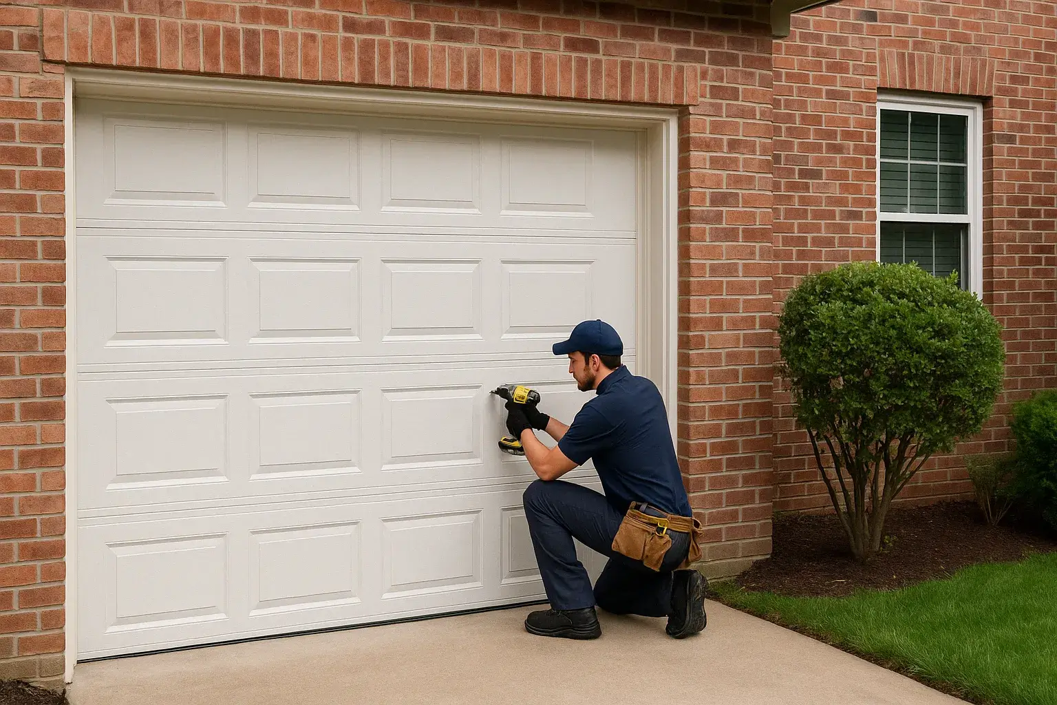 Technician using a power drill to repair a white garage door on a brick suburban home in Sugar land TX