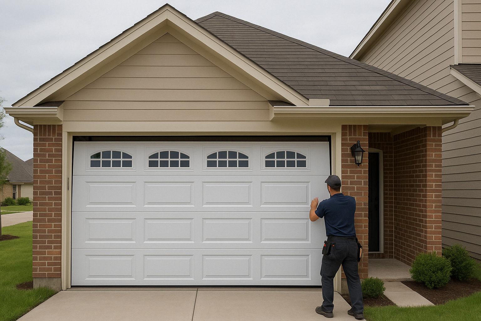 Technician installing a white paneled garage door on a brick suburban home with beige siding and a landscaped front yard in Sugar land TX