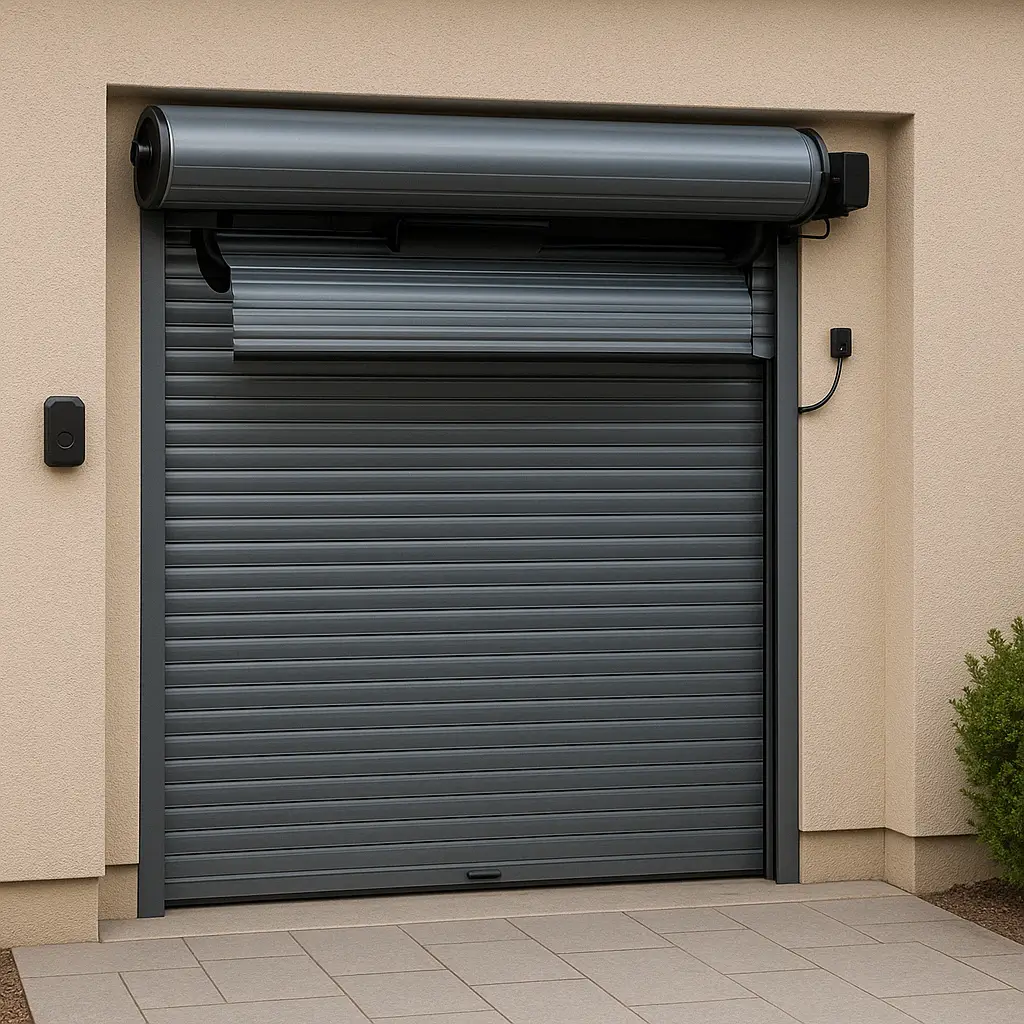Modern electric roller garage door partially open, showing compact drum, automatic motor system, and remote control receiver.