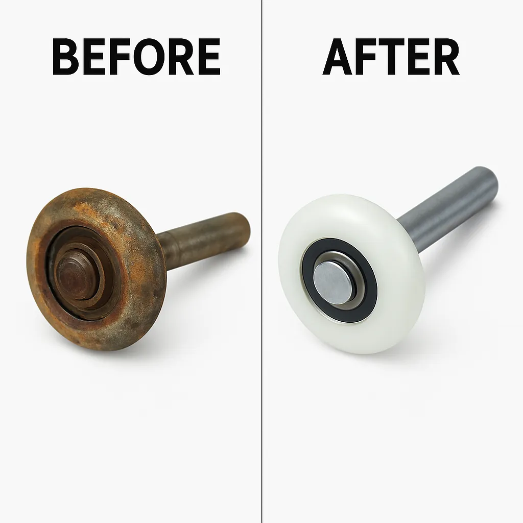 Garage door roller before and after replacement comparison