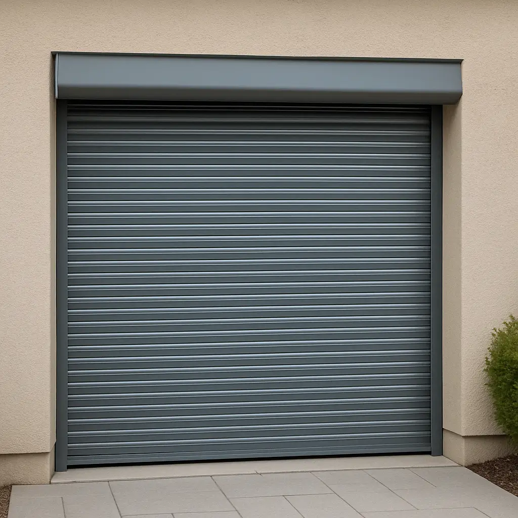 Partially open roller garage door showing compact drum and rolled slats, highlighting space-saving and modern garage door design.
