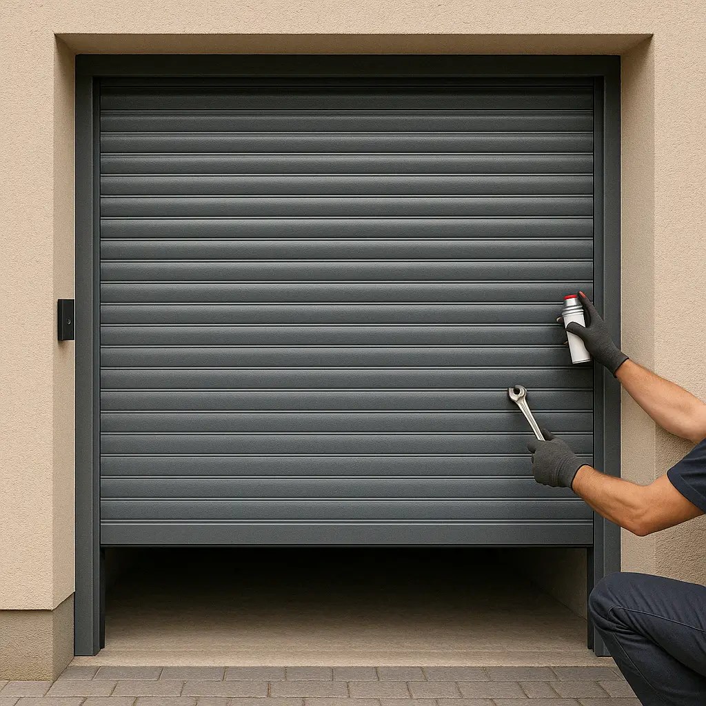 Technician lubricating a modern roller garage door guide rail with spray can, performing maintenance on a sleek, closed garage door.