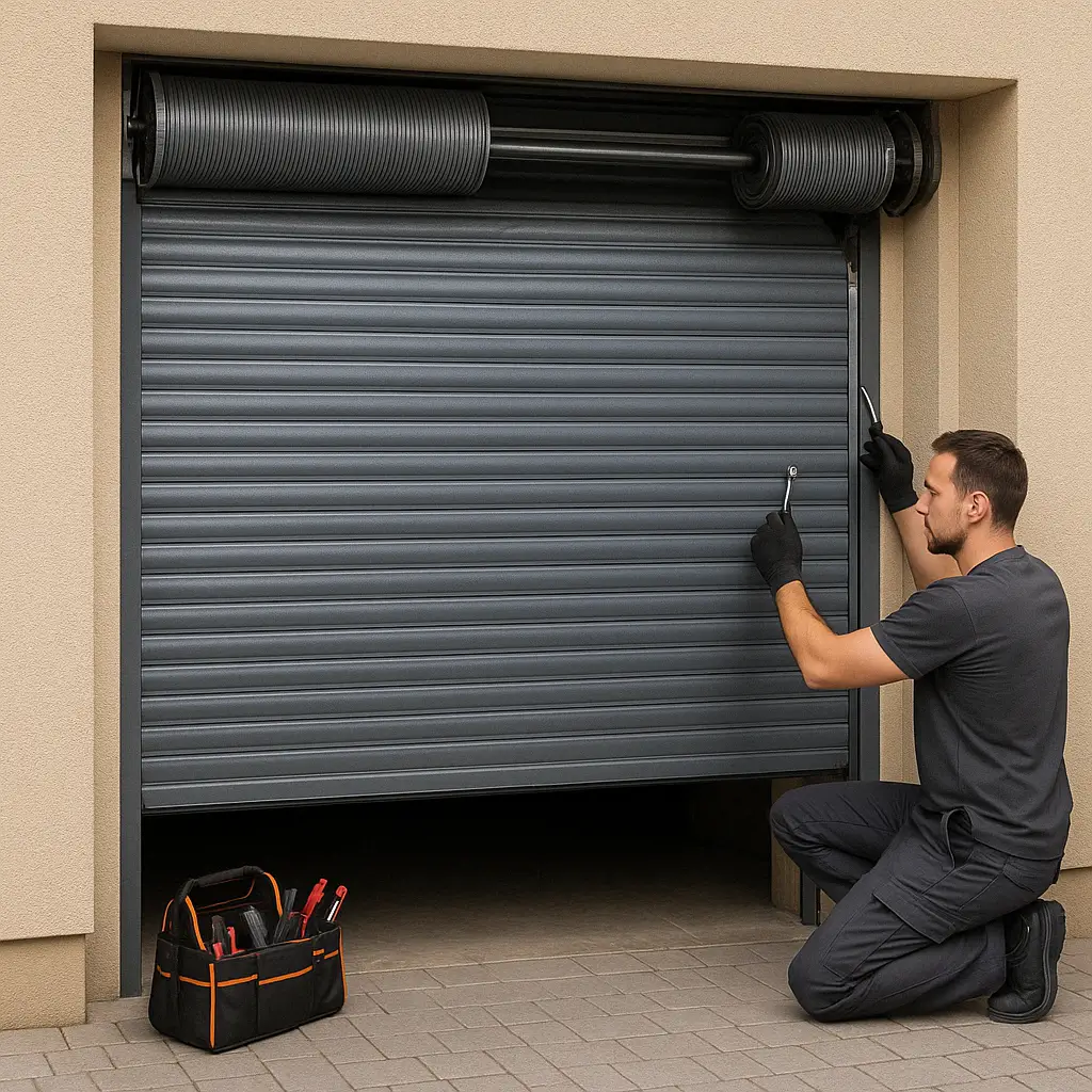 Technician repairing a partially open roller garage door, adjusting the spring mechanism with tools in a modern residential setting.