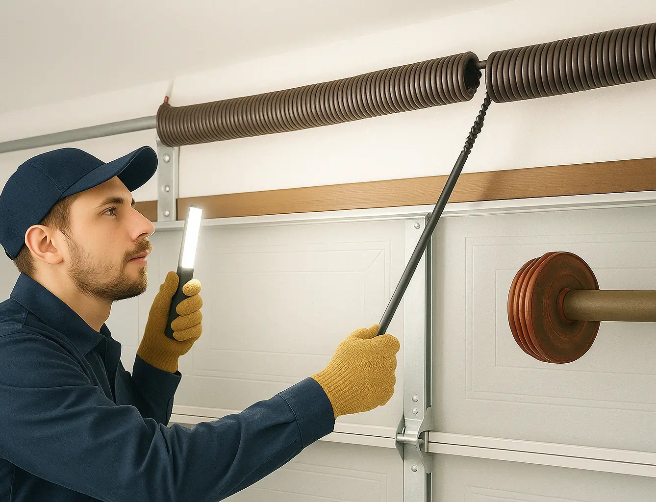 A technician with gloves and a flashlight repairs a broken garage door torsion spring in the dark, highlighting the damage under bright lighting.