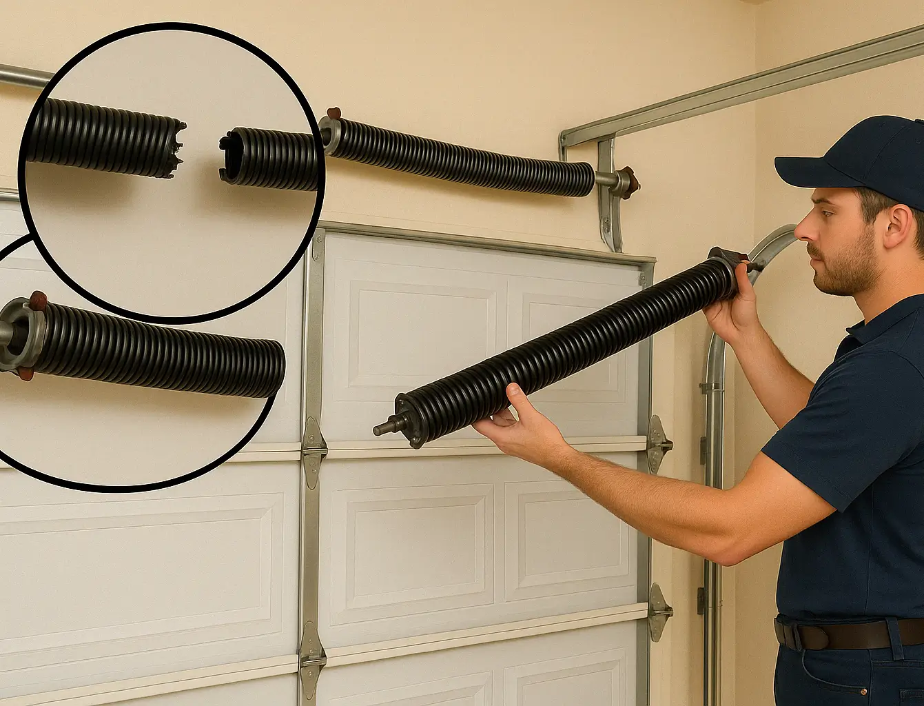 A technician in a navy uniform replacing a broken torsion spring above a white sectional garage door, with a close-up inset showing the damaged spring coils. 