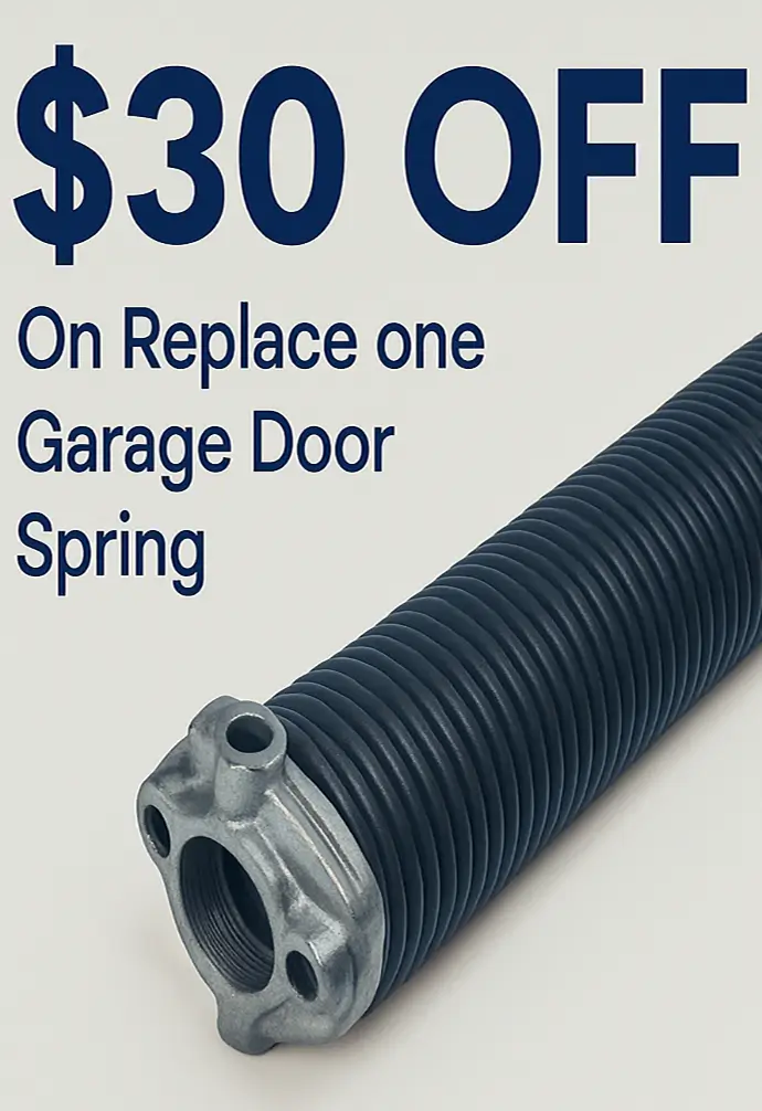 Promotional graphic featuring a navy blue garage door spring and a $30 OFF On Replace one Garage Door Spring discount on a light background 
