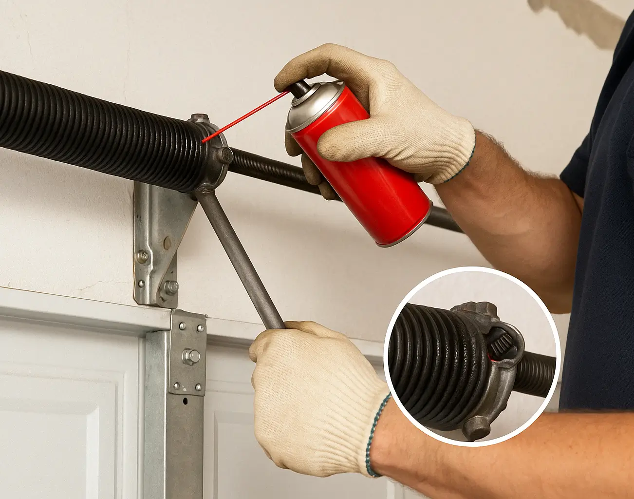 A technician lubricating a torsion garage door spring using a red spray can, wearing beige gloves and adjusting the spring with a steel bar.