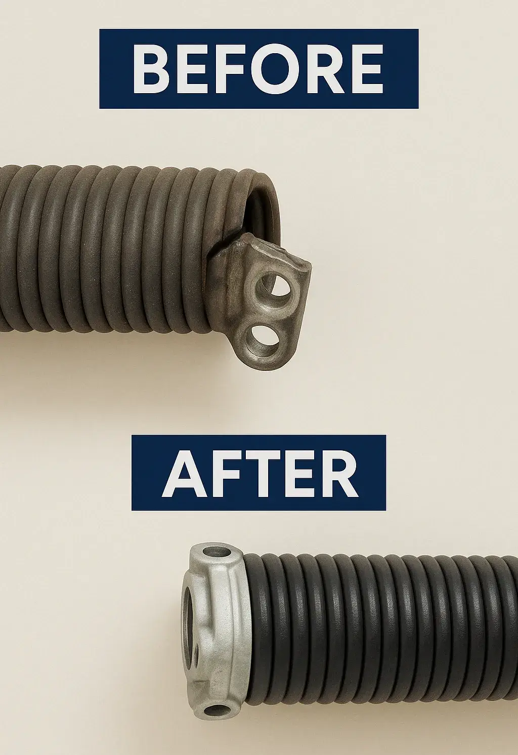 Vertical image showing a worn, damaged garage door spring labeled  above a clean, new spring labeled  on a beige background.