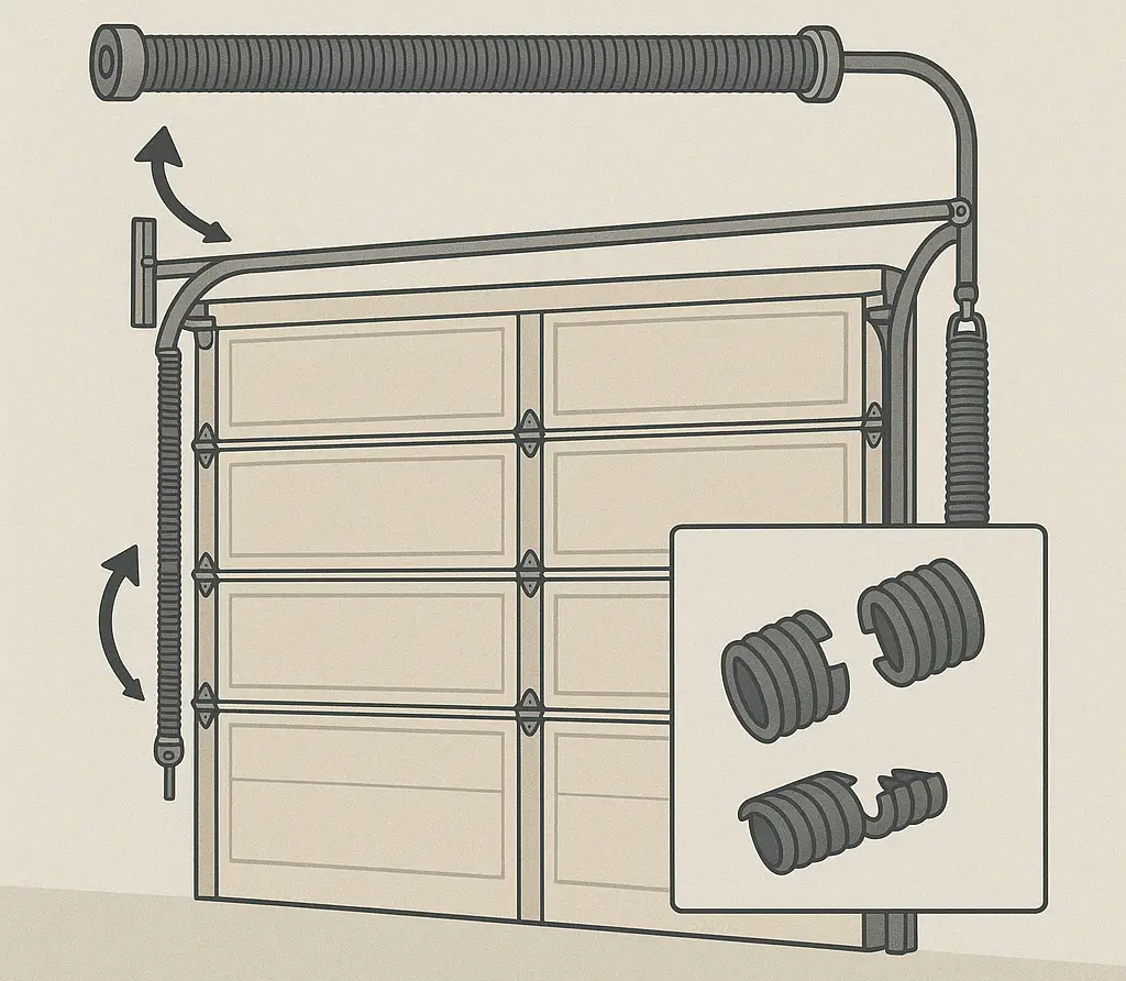 Diagram showing a garage door with torsion and extension springs, including a close-up of a broken spring for educational purposes.