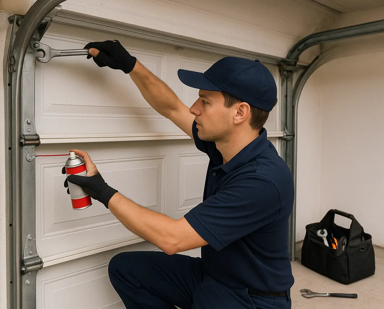 A garage door technician wearing a navy uniform adjusts the upper metal track of a white sectional garage door with a wrench while spraying lubricant onto the rollers. A tool bag and tools are placed nearby on the floor next to a brick wall.