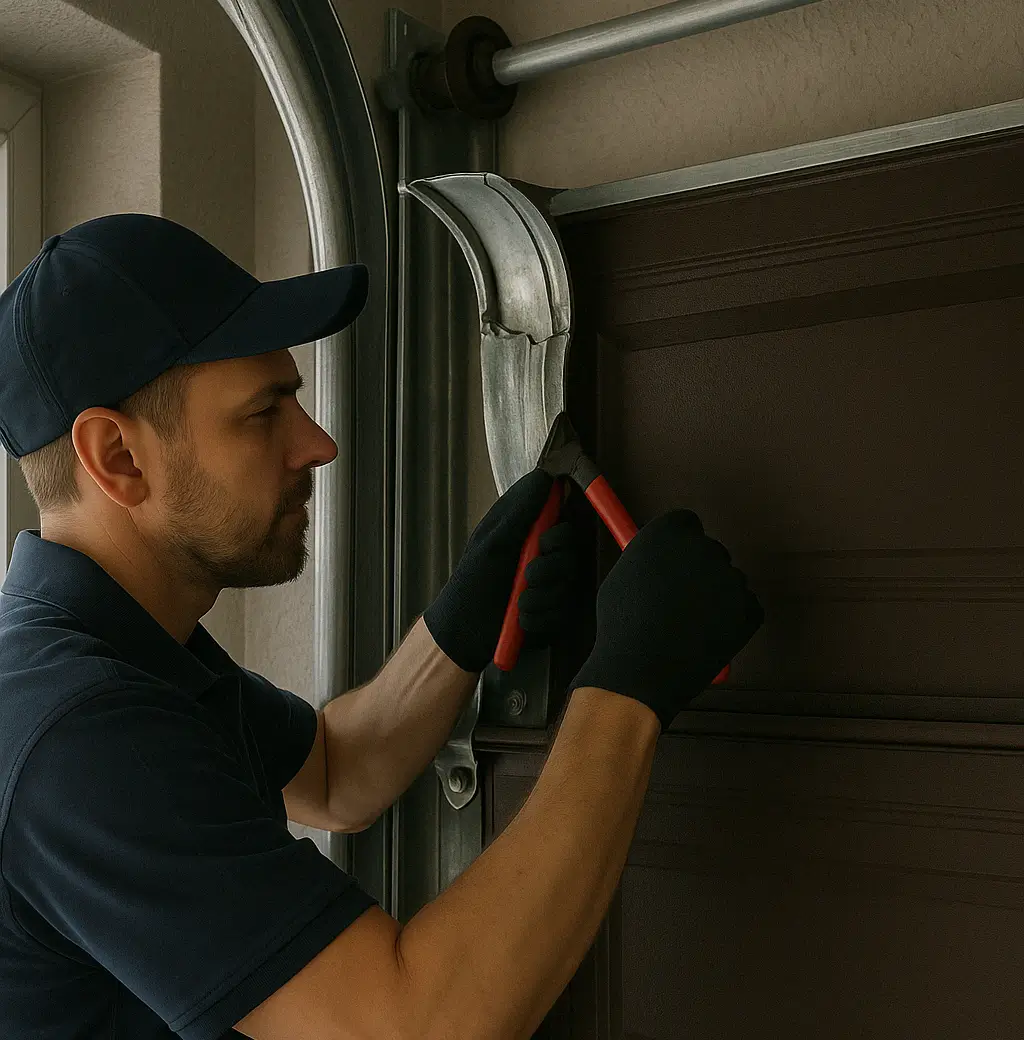 A garage door technician in a navy uniform using red-handled pliers to repair a bent metal garage door track inside a residential garage with a dark brown sectional door.