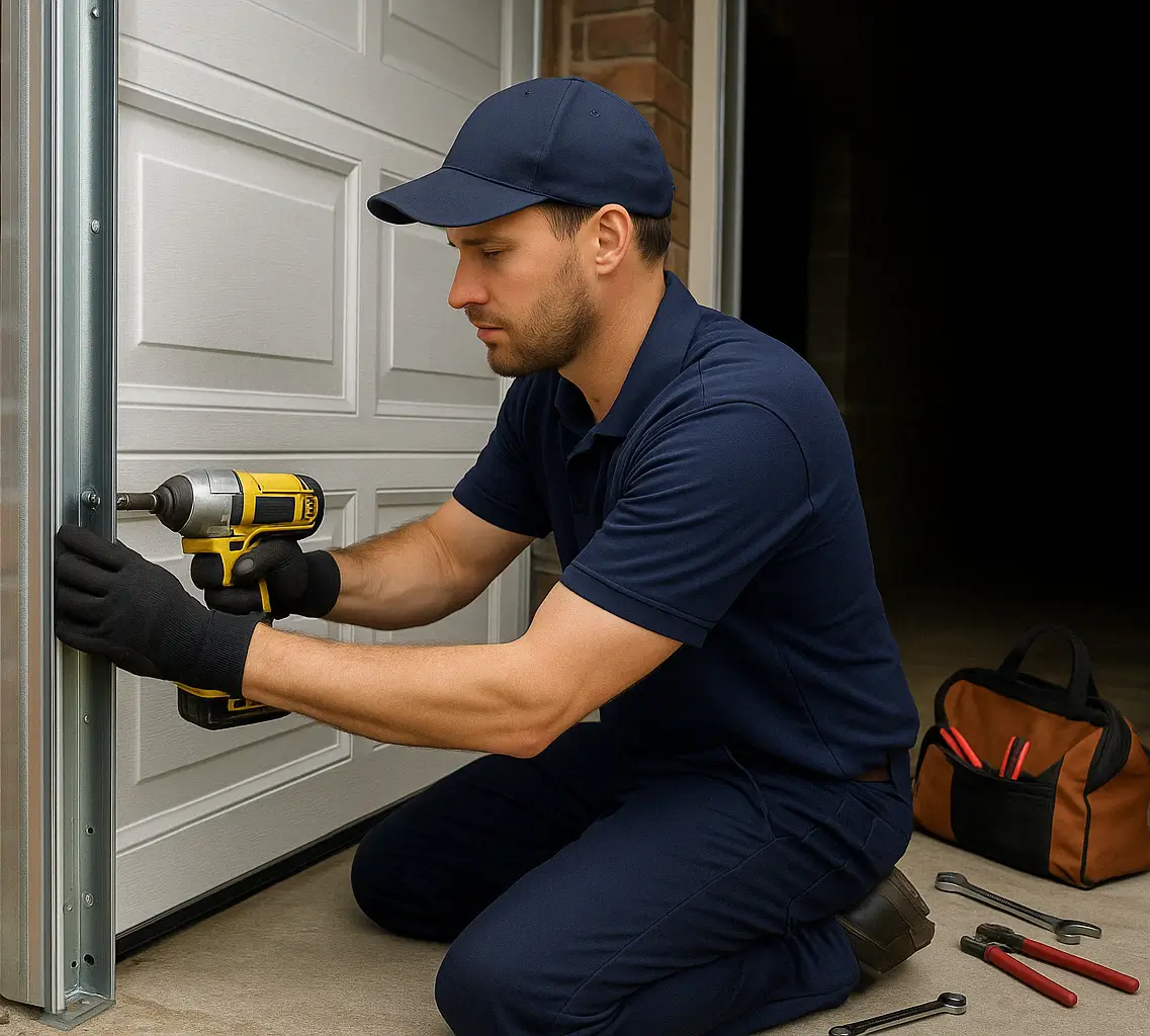  A garage door technician in navy uniform uses a cordless drill to install a new vertical metal track on a white sectional garage door at a brick house. An old, rusted track and tool bag are placed nearby.