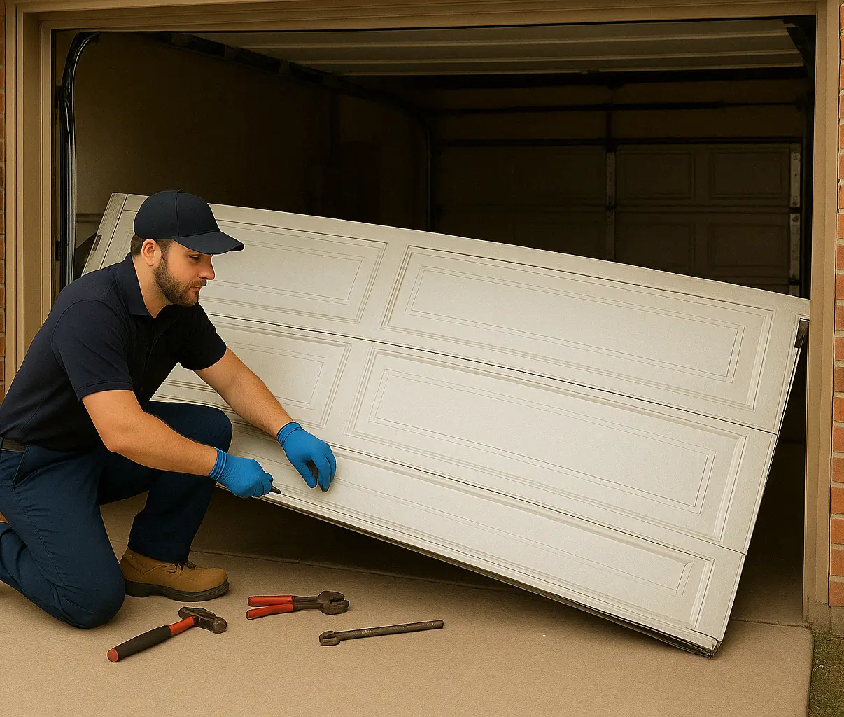A garage door technician kneeling on a driveway, adjusting a white sectional garage door that has come off track at a brick home.
