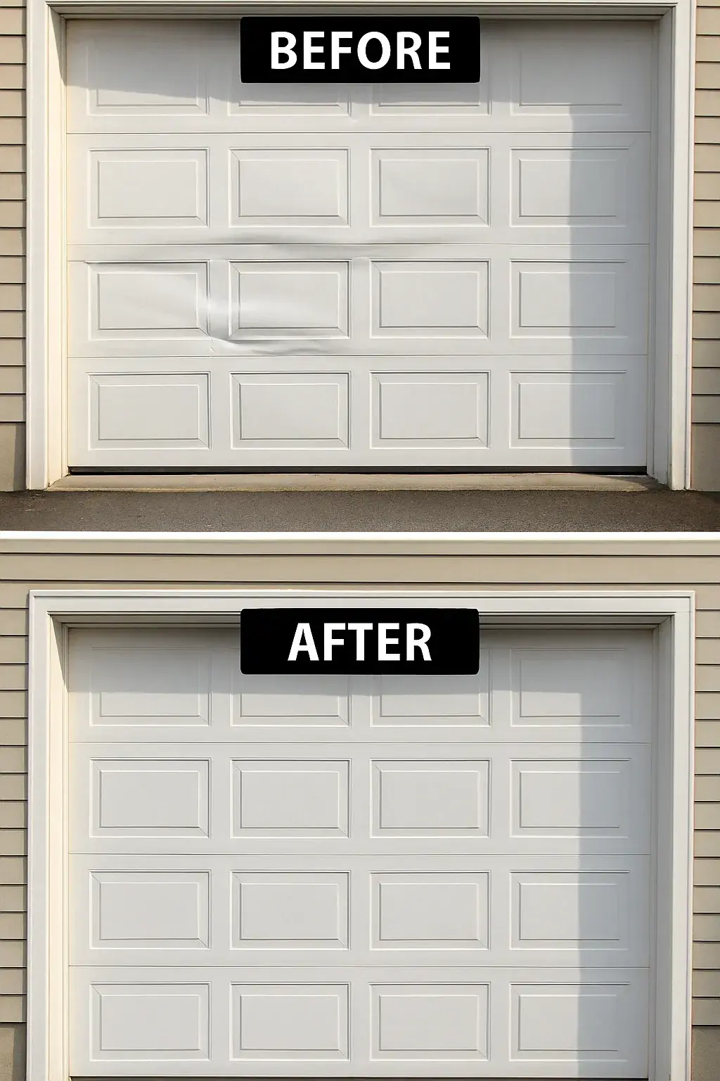A vertical split image showing a damaged white garage door before repair and a fully restored garage door after repair, on a suburban home exterior.